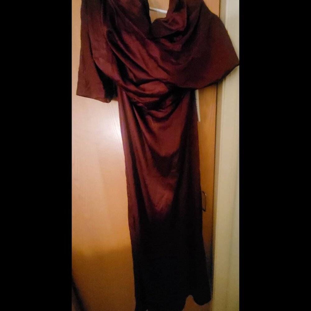 This is a burgundy cowl neck off-the-shoulder formal gown - Picture 1 of 3